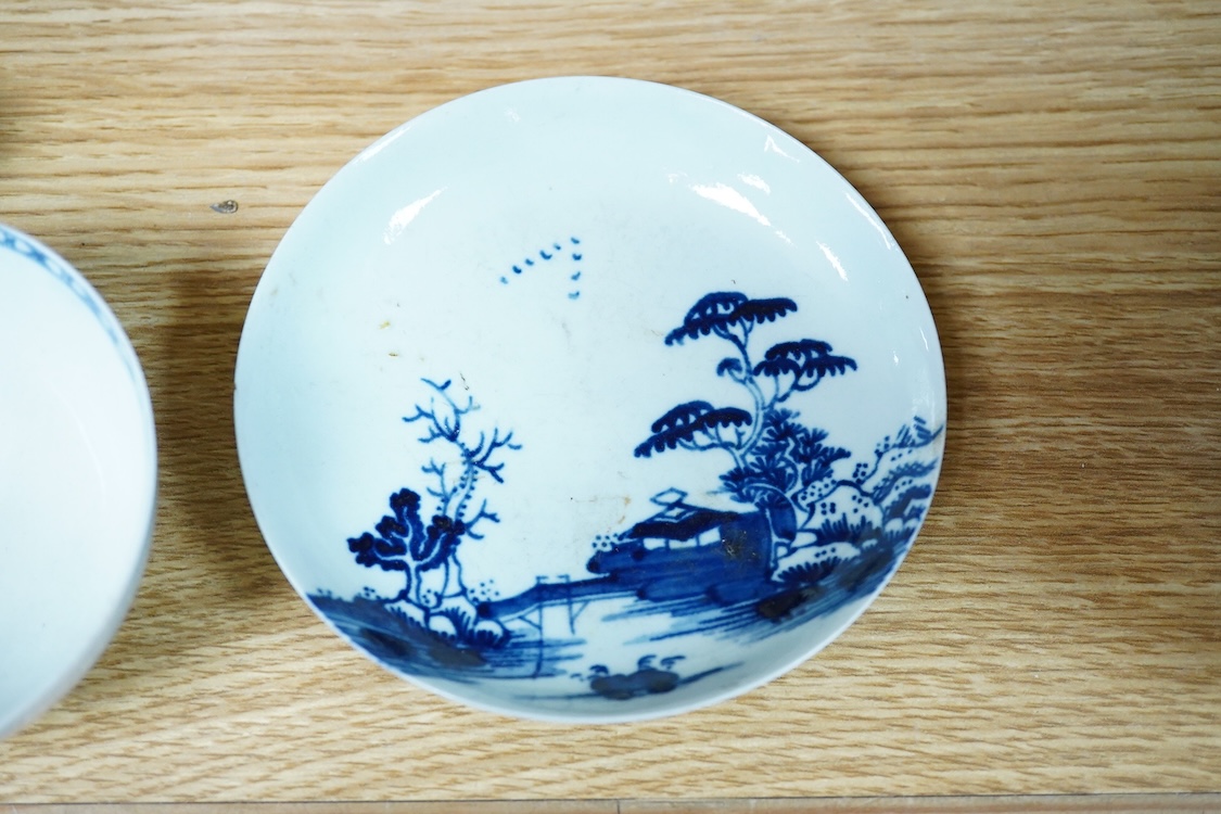 A group of 18th century Worcester and Liverpool porcelain teaware and a Caughley Cormorant fisherman butter tub and cover.